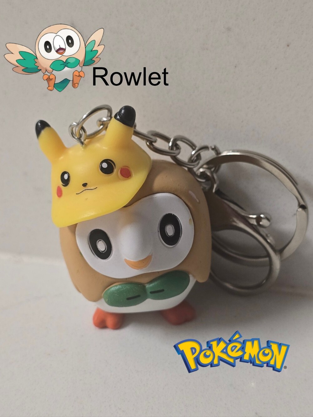 Pokemon Rowlet w Yellow Pikachu Hat Keychain